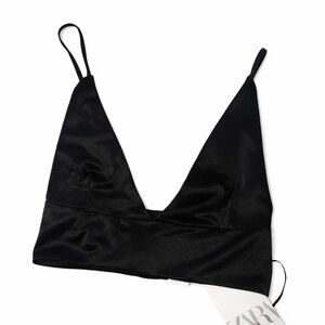 Zara Black Satin Bralette Triangle Top Size S NWT Minimal Chic Layering